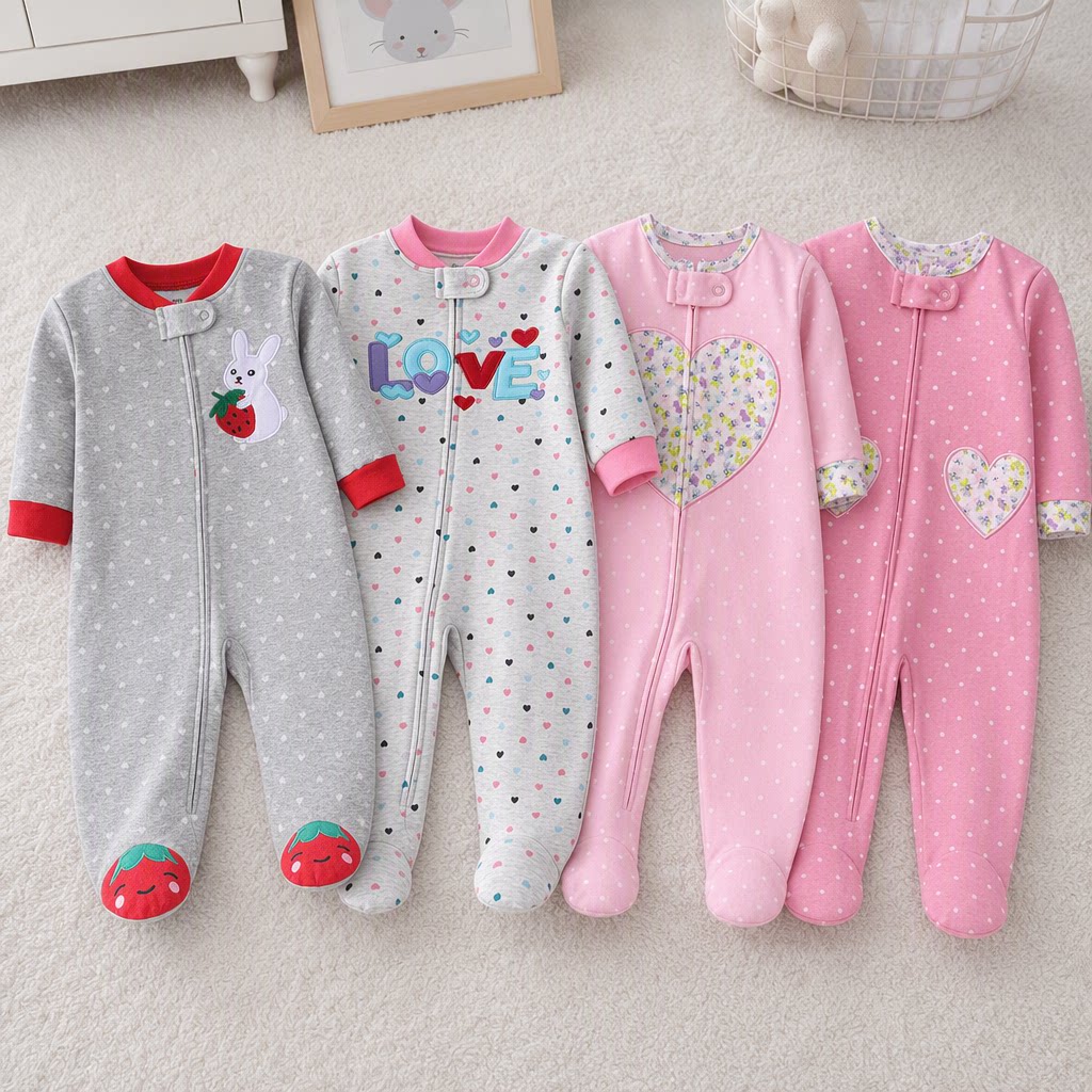 Cotton Baby Onesies Zipper - Newborn Girls Double-sided Cotton Footed Romper